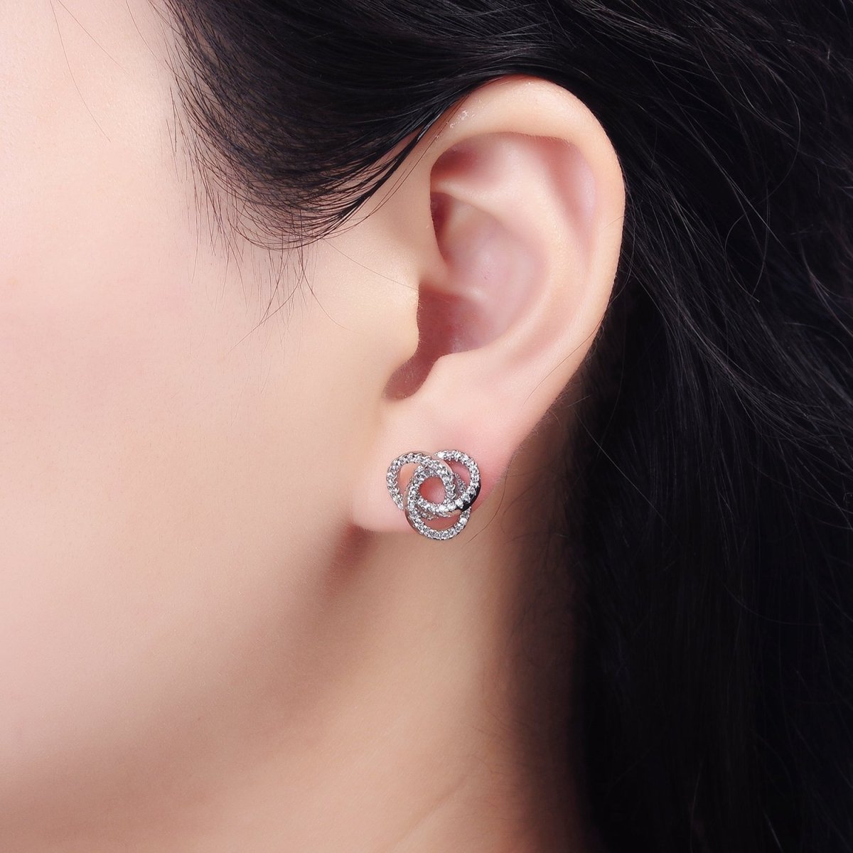 14K Gold Filled Clear Micro Paved Triple Round Circular Stud Earrings in Gold &amp; Silver | V-257