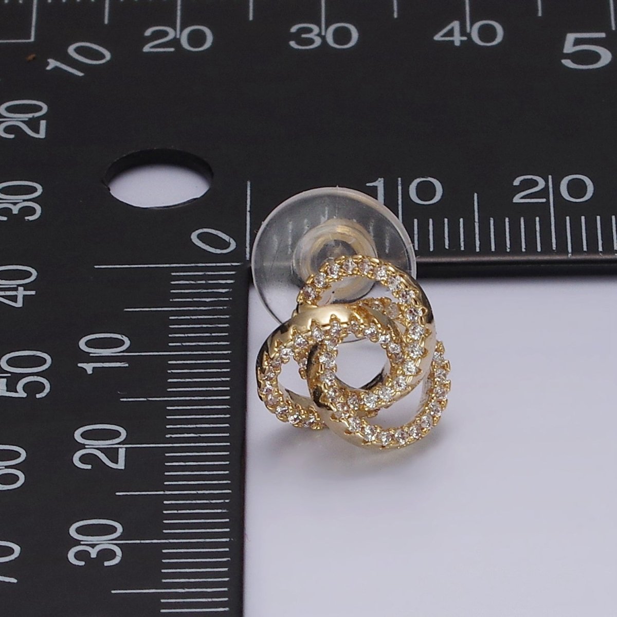 14K Gold Filled Clear Micro Paved Triple Round Circular Stud Earrings in Gold &amp; Silver | V-257