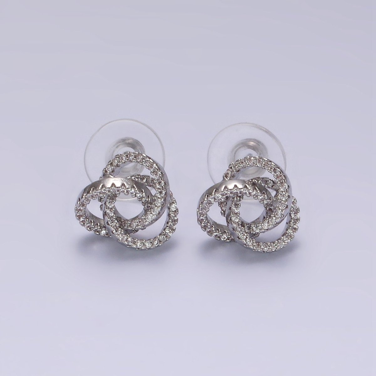 14K Gold Filled Clear Micro Paved Triple Round Circular Stud Earrings in Gold &amp; Silver | V-257