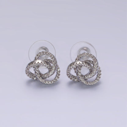 14K Gold Filled Clear Micro Paved Triple Round Circular Stud Earrings in Gold &amp; Silver | V-257