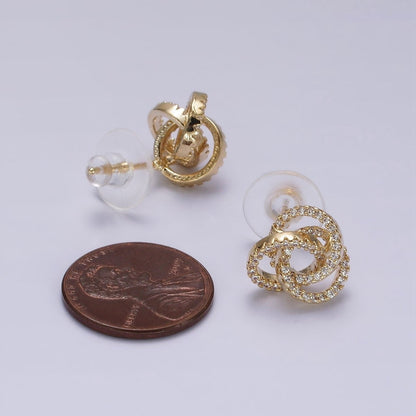 14K Gold Filled Clear Micro Paved Triple Round Circular Stud Earrings in Gold &amp; Silver | V-257