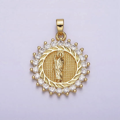 14K Gold Filled Clear, Multicolor CZ Miraculous Mary Round Pendant | AA719