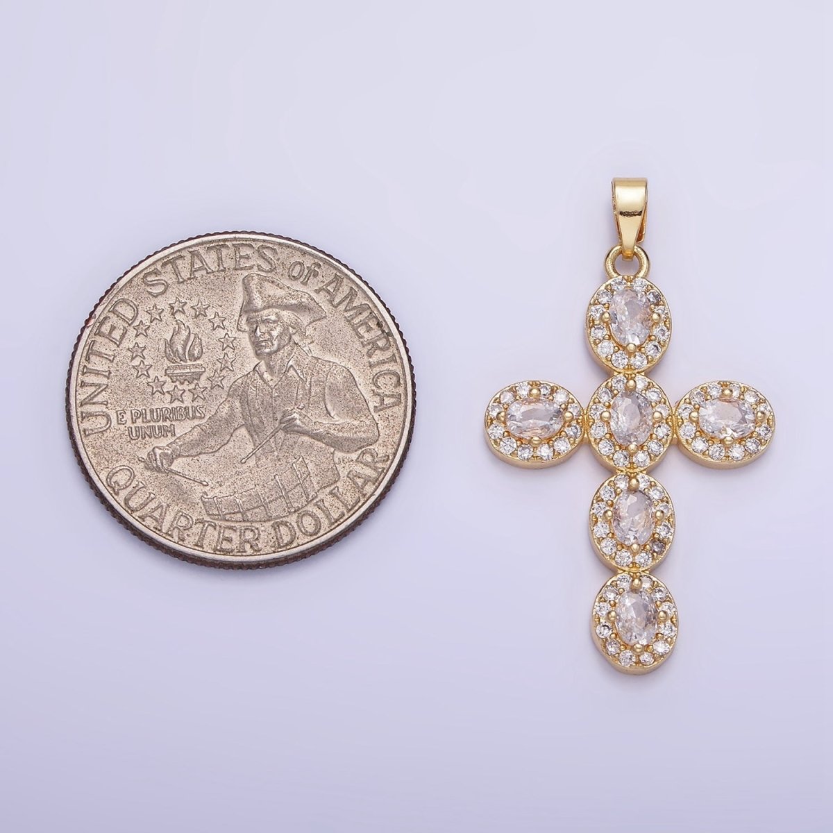 14K Gold Filled Clear, Multicolor Micro Paved Oval Cross Pendant in Gold &amp; Silver | AA1166 AA1167