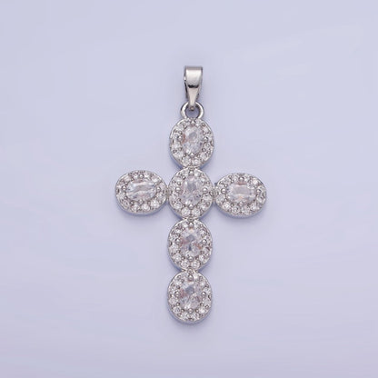 14K Gold Filled Clear, Multicolor Micro Paved Oval Cross Pendant in Gold &amp; Silver | AA1166 AA1167
