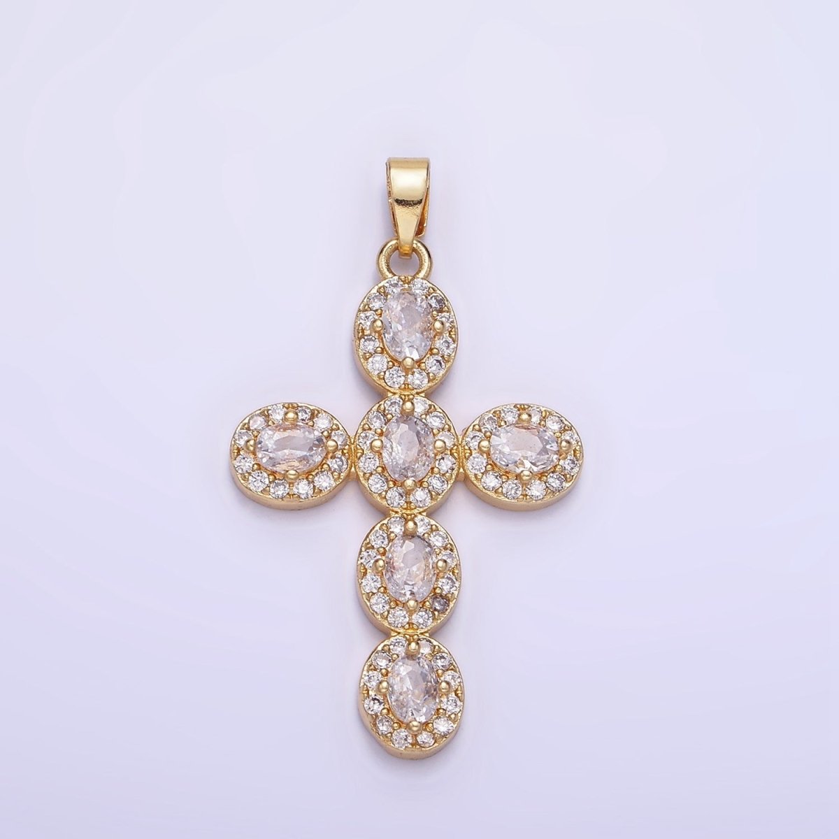 14K Gold Filled Clear, Multicolor Micro Paved Oval Cross Pendant in Gold &amp; Silver | AA1166 AA1167