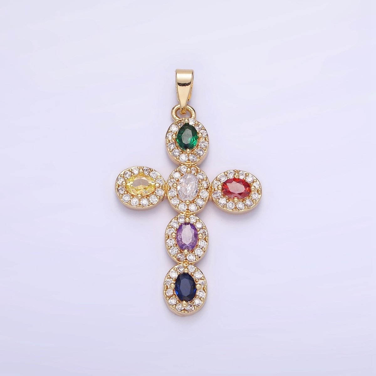 14K Gold Filled Clear, Multicolor Micro Paved Oval Cross Pendant in Gold &amp; Silver | AA1166 AA1167