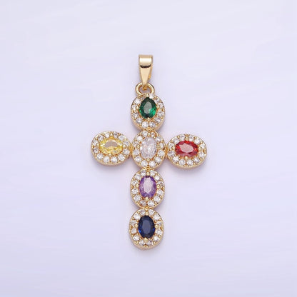 14K Gold Filled Clear, Multicolor Micro Paved Oval Cross Pendant in Gold &amp; Silver | AA1166 AA1167