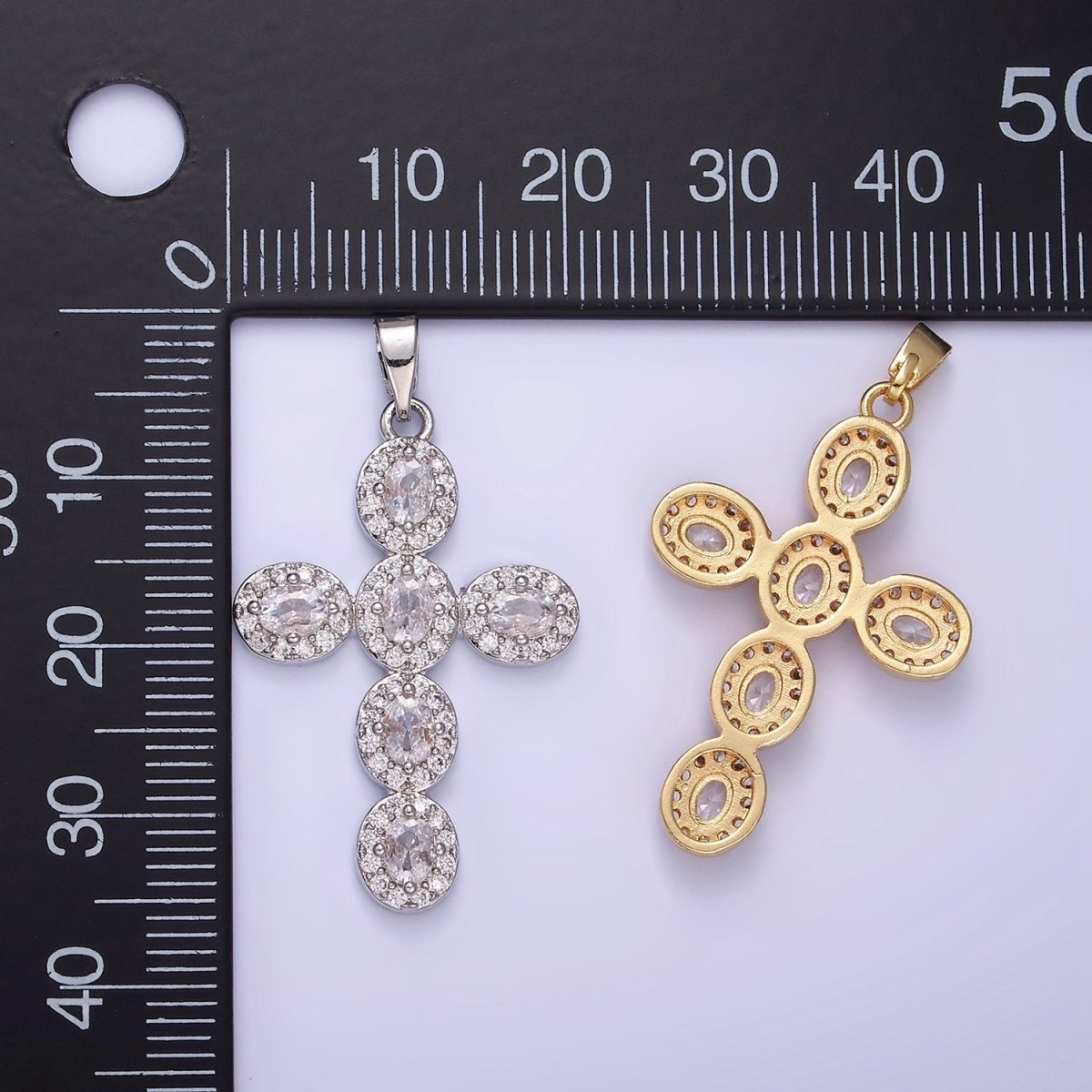 14K Gold Filled Clear, Multicolor Micro Paved Oval Cross Pendant in Gold &amp; Silver | AA1166 AA1167