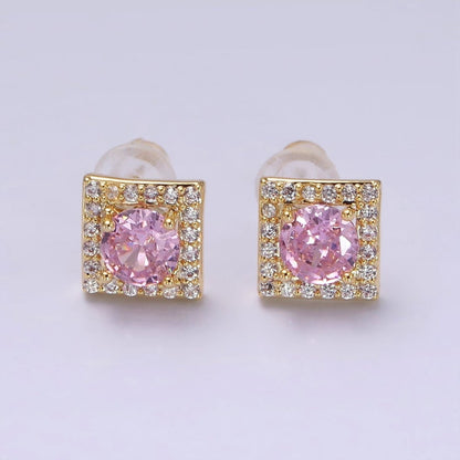 14K Gold Filled Clear, Pink CZ Micro Paved Square Stud Earrings | V273 V274