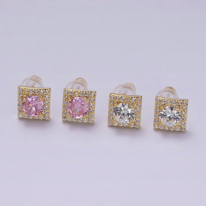 14K Gold Filled Clear, Pink CZ Micro Paved Square Stud Earrings | V273 V274