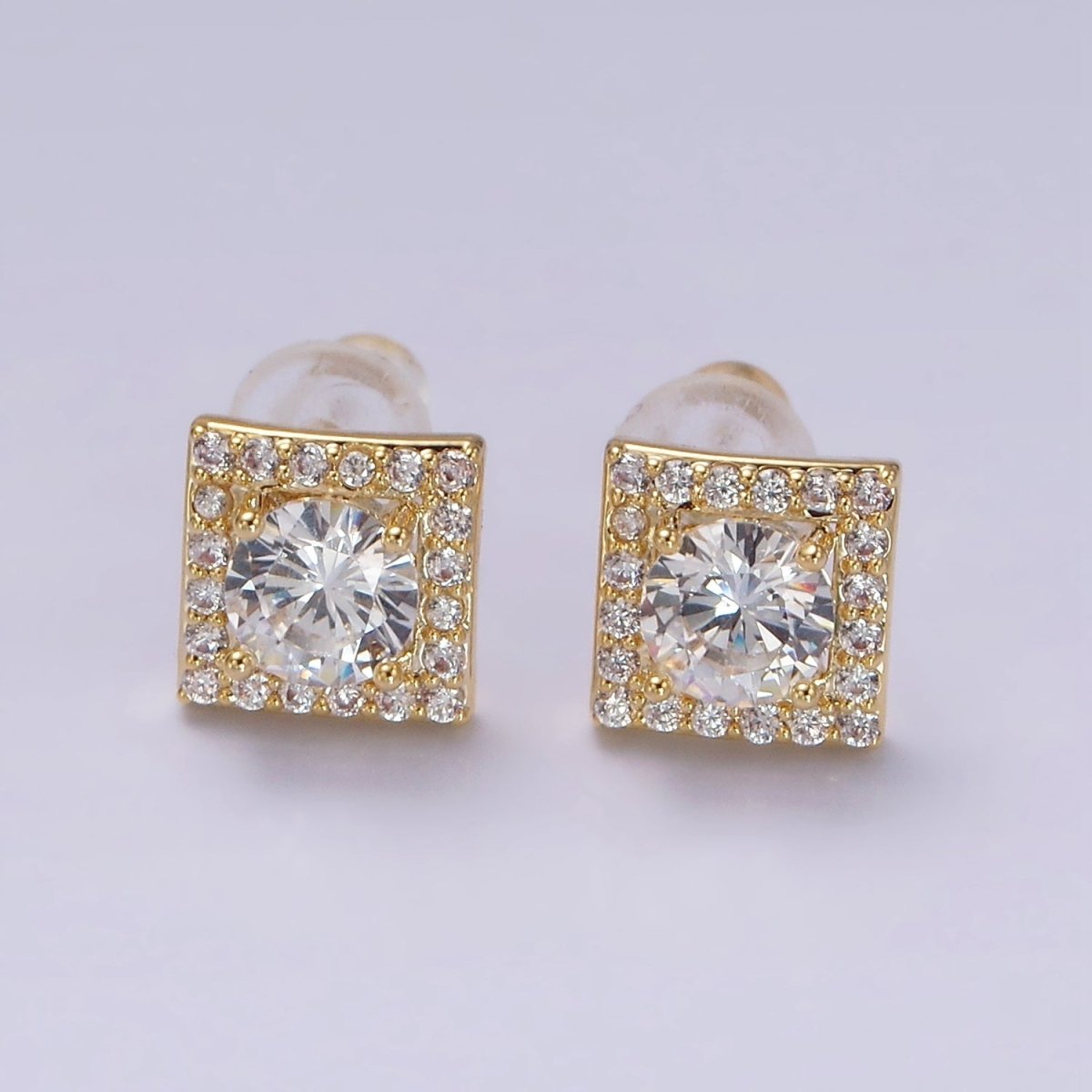 14K Gold Filled Clear, Pink CZ Micro Paved Square Stud Earrings | V273 V274