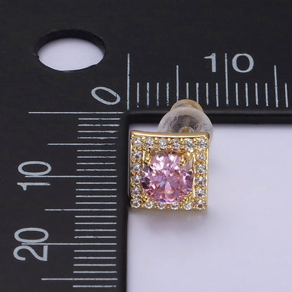 14K Gold Filled Clear, Pink CZ Micro Paved Square Stud Earrings | V273 V274