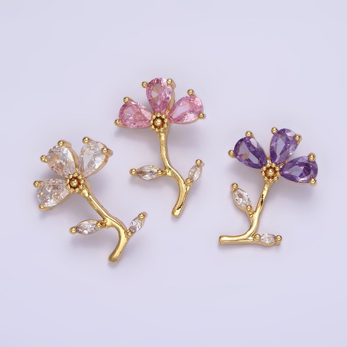 14K Gold Filled Clear, Pink, Purple Teardrop CZ Flower Marquise Leaf Charm | AA639 - AA641