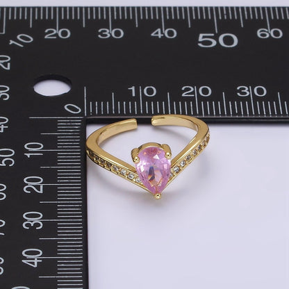 14K Gold Filled Clear, Pink Teardrop CZ Micro Paved Chevron Ring | O1079 O1080