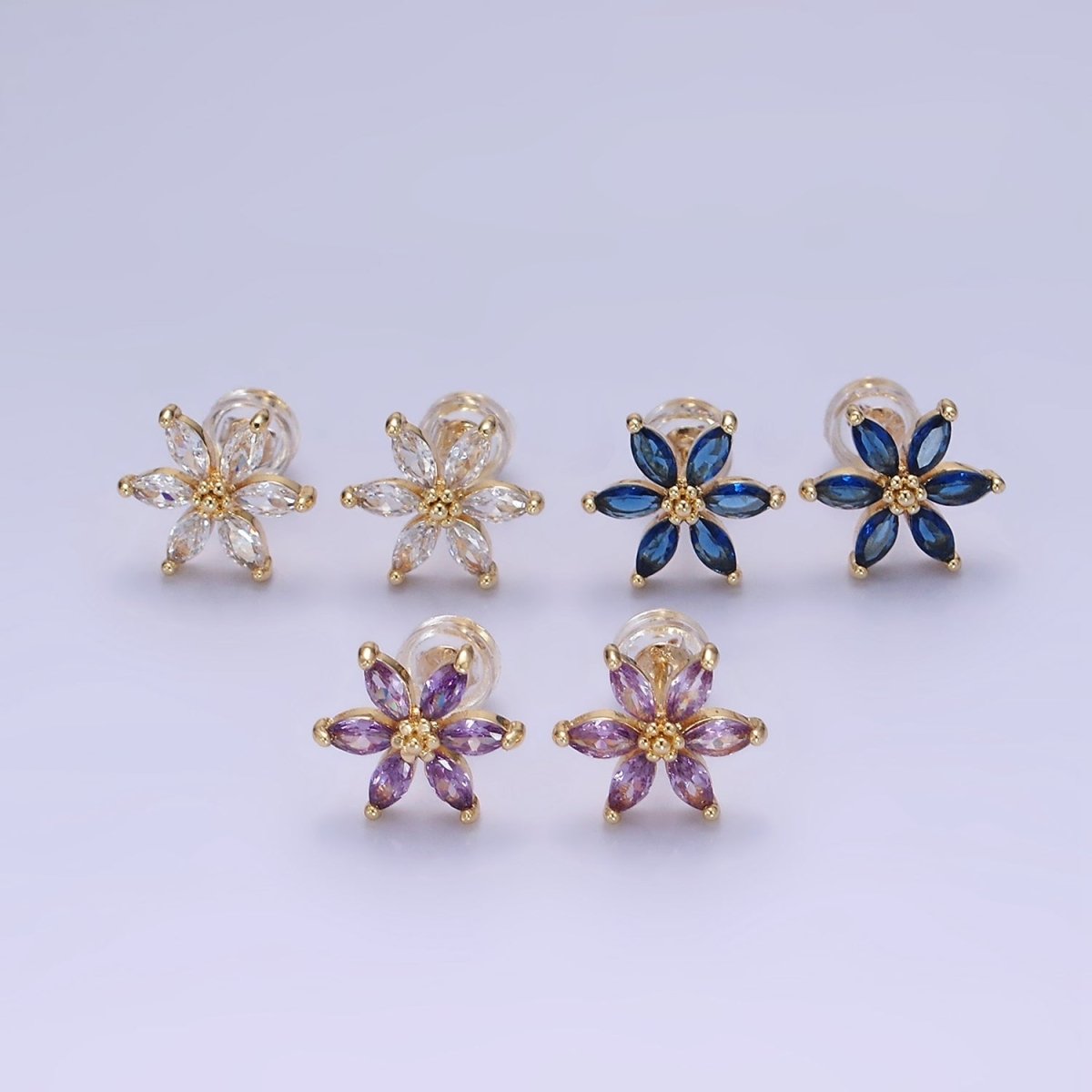 14K Gold Filled Clear, Purple, Blue CZ Marquise Petal Flower Stud Earrings | AE524 - AE526