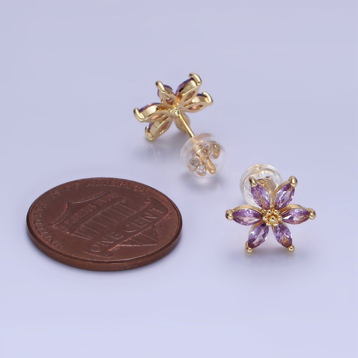 14K Gold Filled Clear, Purple, Blue CZ Marquise Petal Flower Stud Earrings | AE524 - AE526