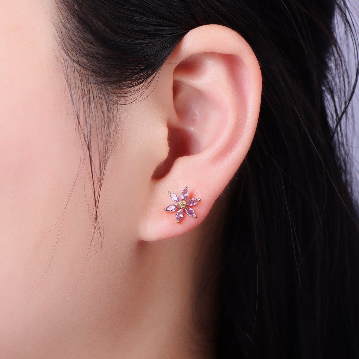 14K Gold Filled Clear, Purple, Blue CZ Marquise Petal Flower Stud Earrings | AE524 - AE526