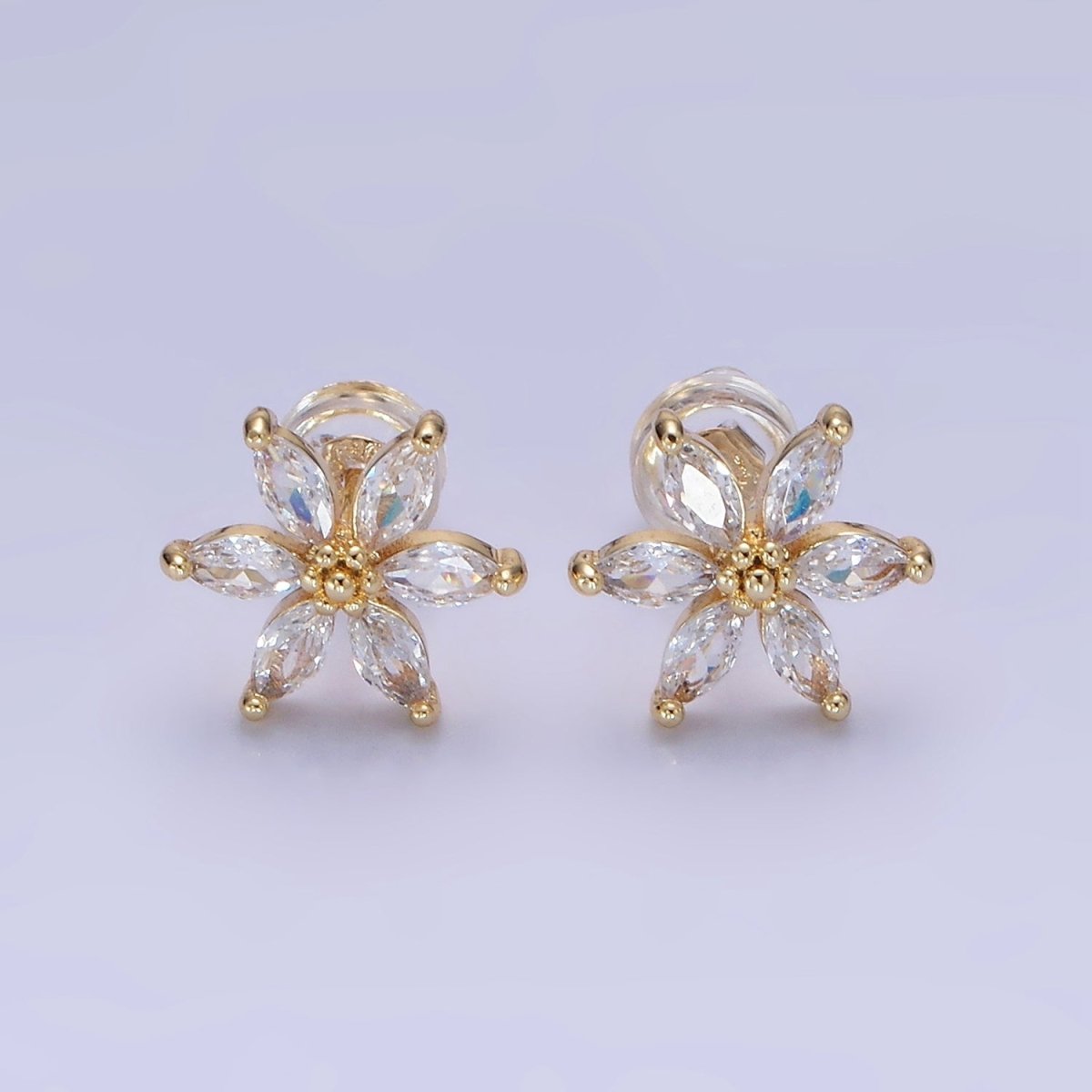 14K Gold Filled Clear, Purple, Blue CZ Marquise Petal Flower Stud Earrings | AE524 - AE526