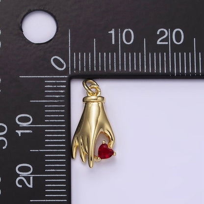 14K Gold Filled Clear, Red Heart Holding Hand Gesture Charm | AG202 AG203
