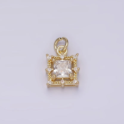 14K Gold Filled Clear Square Baguette CZ Beaded Outline Frame Charm | AG194
