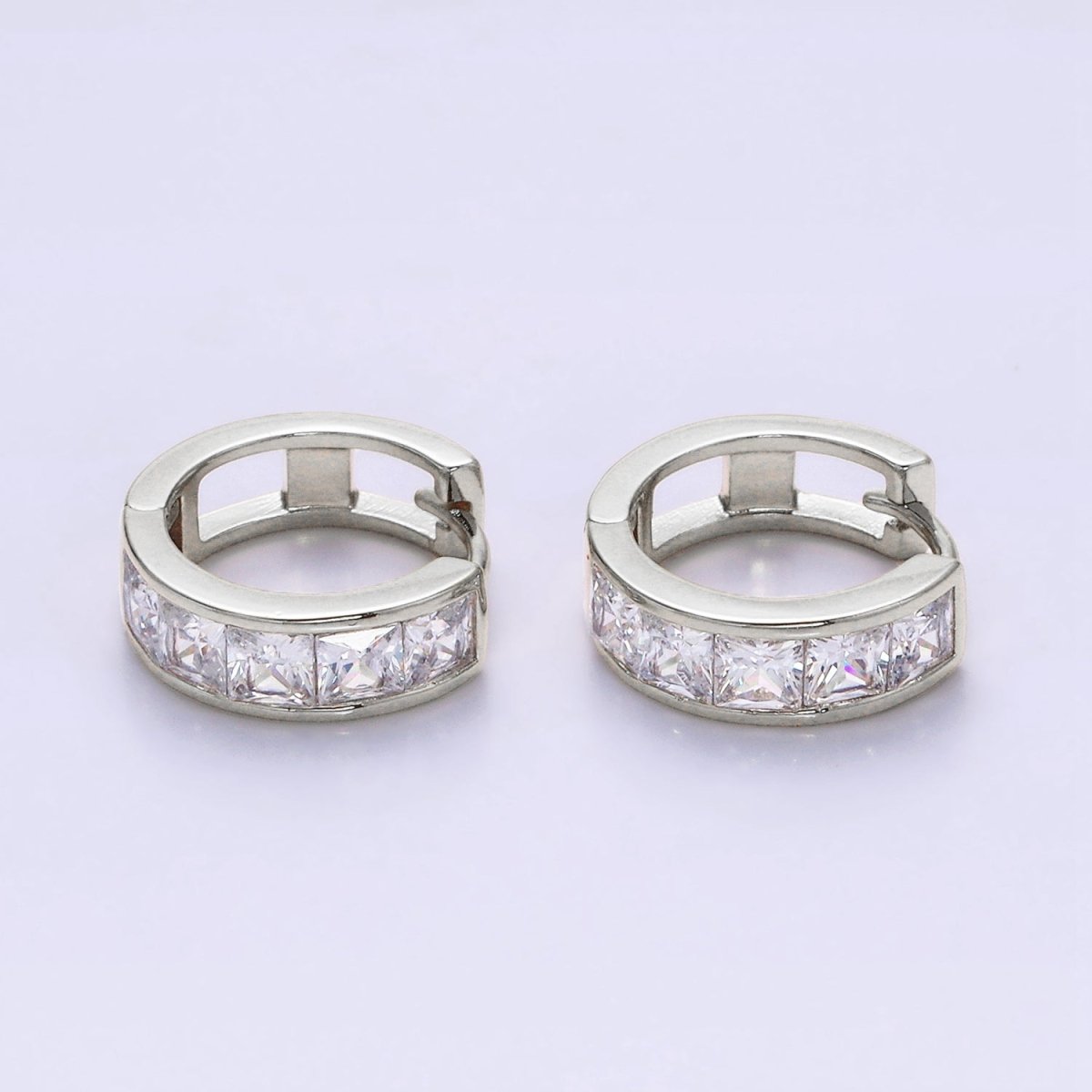 14K Gold Filled Clear Square CZ Lined 15mm Huggie Hoop Earrings in Gold &amp; Silver | AD-430 AD-431
