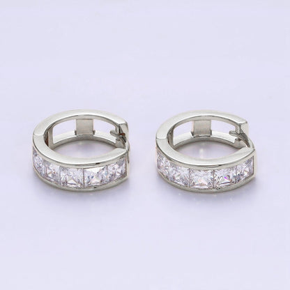 14K Gold Filled Clear Square CZ Lined 15mm Huggie Hoop Earrings in Gold &amp; Silver | AD-430 AD-431
