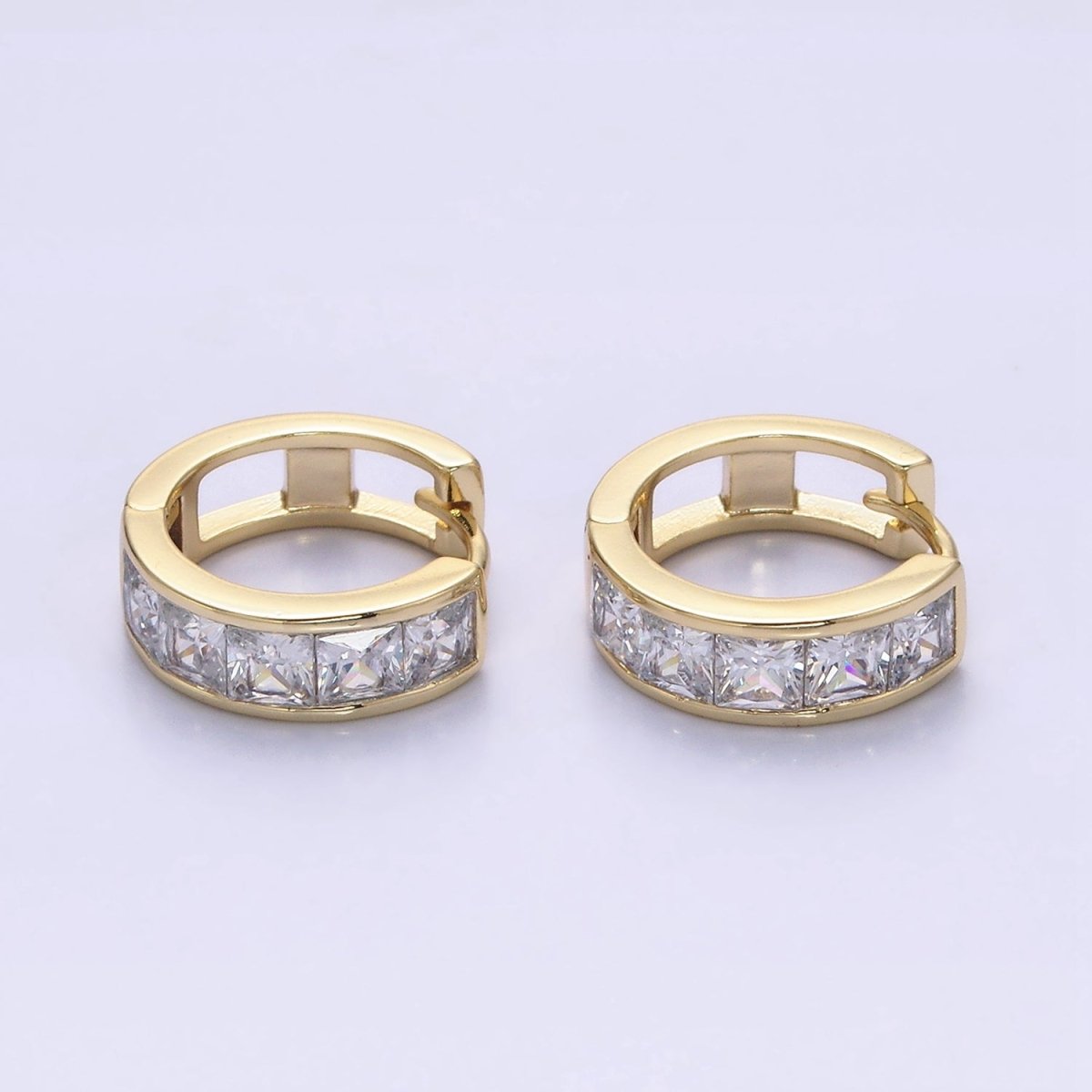 14K Gold Filled Clear Square CZ Lined 15mm Huggie Hoop Earrings in Gold &amp; Silver | AD-430 AD-431