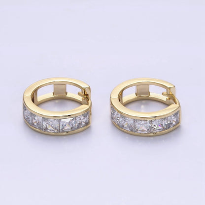 14K Gold Filled Clear Square CZ Lined 15mm Huggie Hoop Earrings in Gold &amp; Silver | AD-430 AD-431
