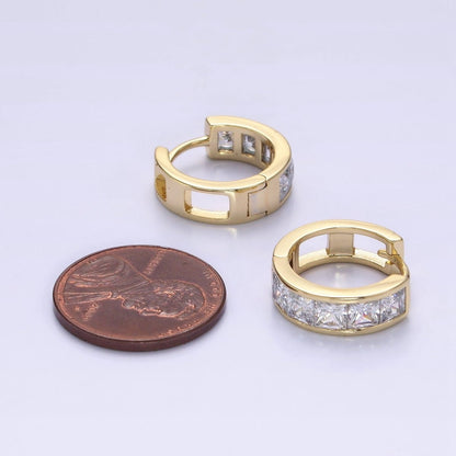 14K Gold Filled Clear Square CZ Lined 15mm Huggie Hoop Earrings in Gold &amp; Silver | AD-430 AD-431
