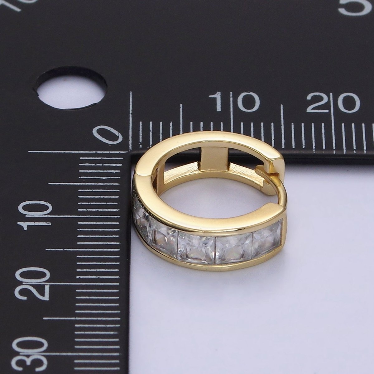 14K Gold Filled Clear Square CZ Lined 15mm Huggie Hoop Earrings in Gold &amp; Silver | AD-430 AD-431