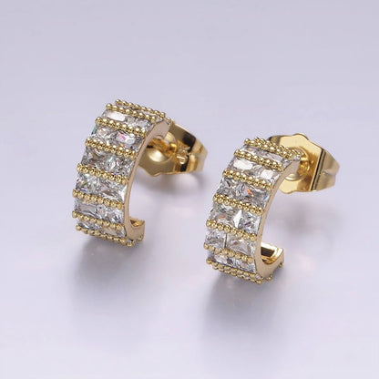 14K Gold Filled Clear Square CZ Lined C-Shaped Cartilage Hoop Earrings | AB1129