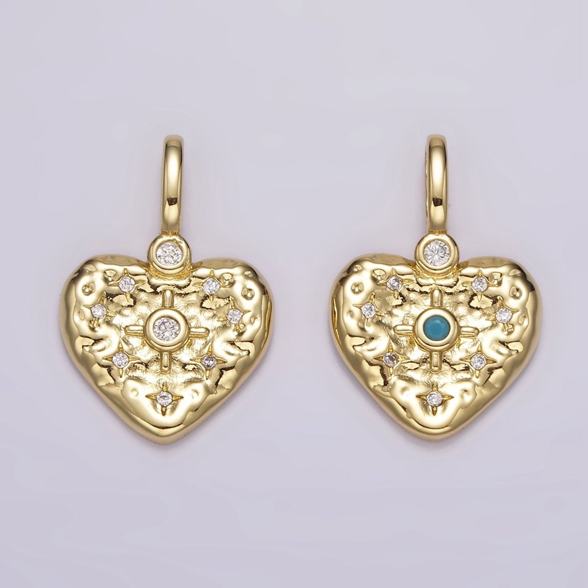 14K Gold Filled Clear, Turquoise Celestial Star Hammered Heart Pendant | AH105 AH106