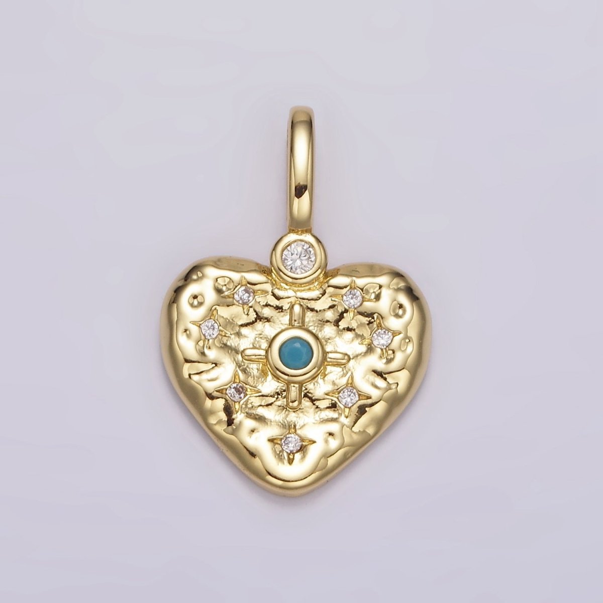 14K Gold Filled Clear, Turquoise Celestial Star Hammered Heart Pendant | AH105 AH106