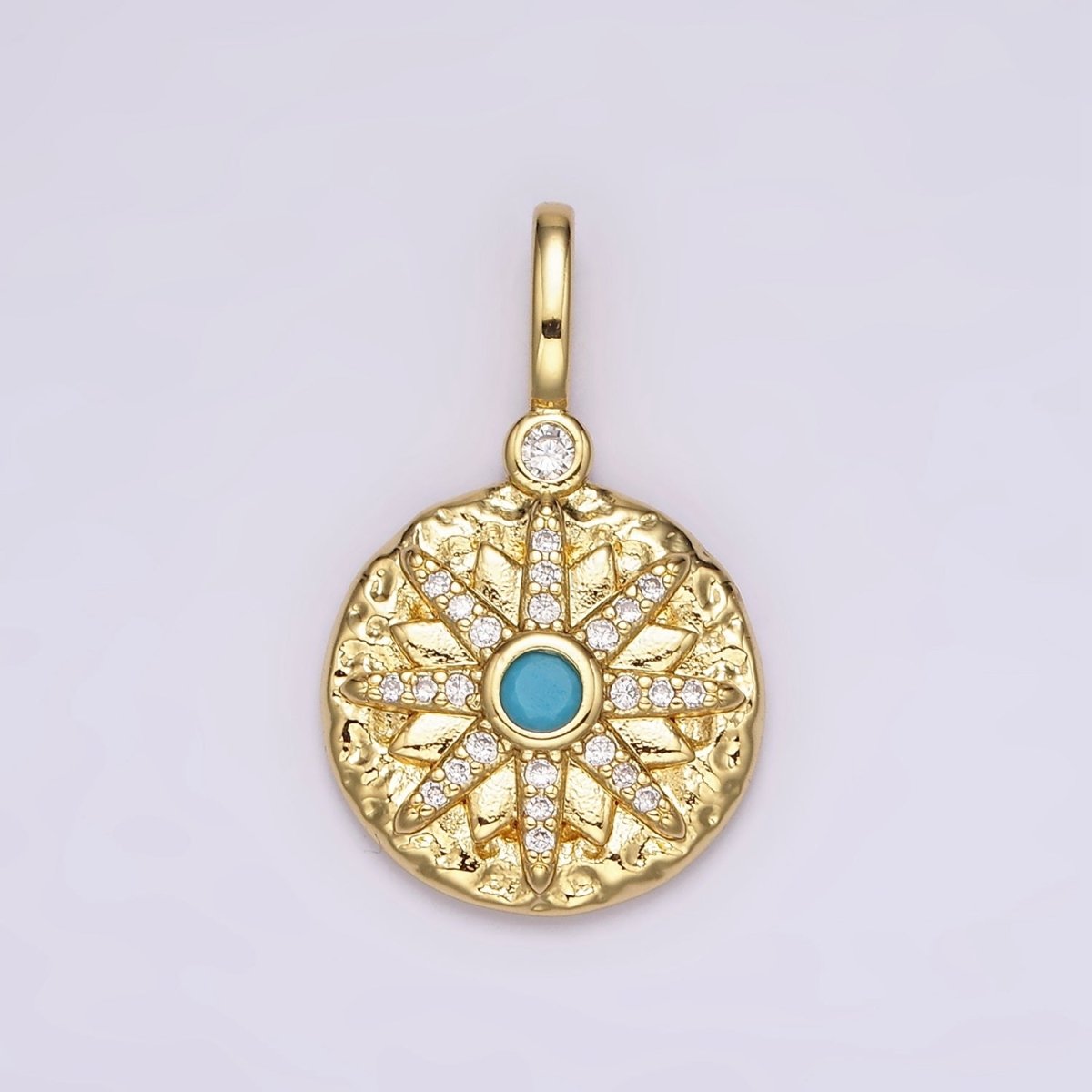 14K Gold Filled Clear, Turquoise Celestial Star Micro Paved Hammered Round Pendant | AH107 AH108