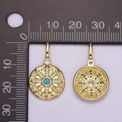 14K Gold Filled Clear, Turquoise Celestial Star Micro Paved Hammered Round Pendant | AH107 AH108