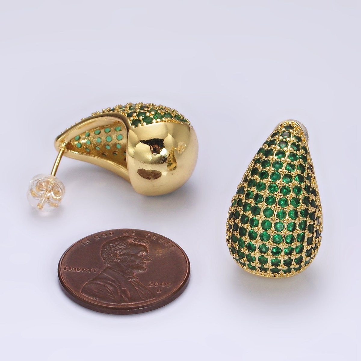 14K Gold Filled Clear, Turquoise, Green Micro Paved CZ Teardrop Dome C-Shaped Stud Earrings in Gold &amp; Silver | AE336 - AE339