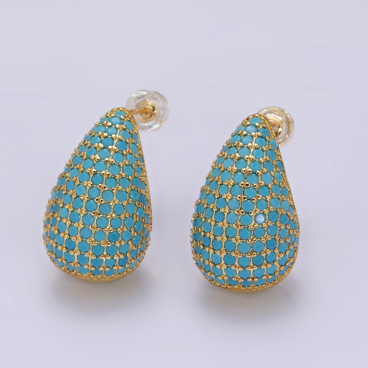 14K Gold Filled Clear, Turquoise, Green Micro Paved CZ Teardrop Dome C-Shaped Stud Earrings in Gold &amp; Silver | AE336 - AE339