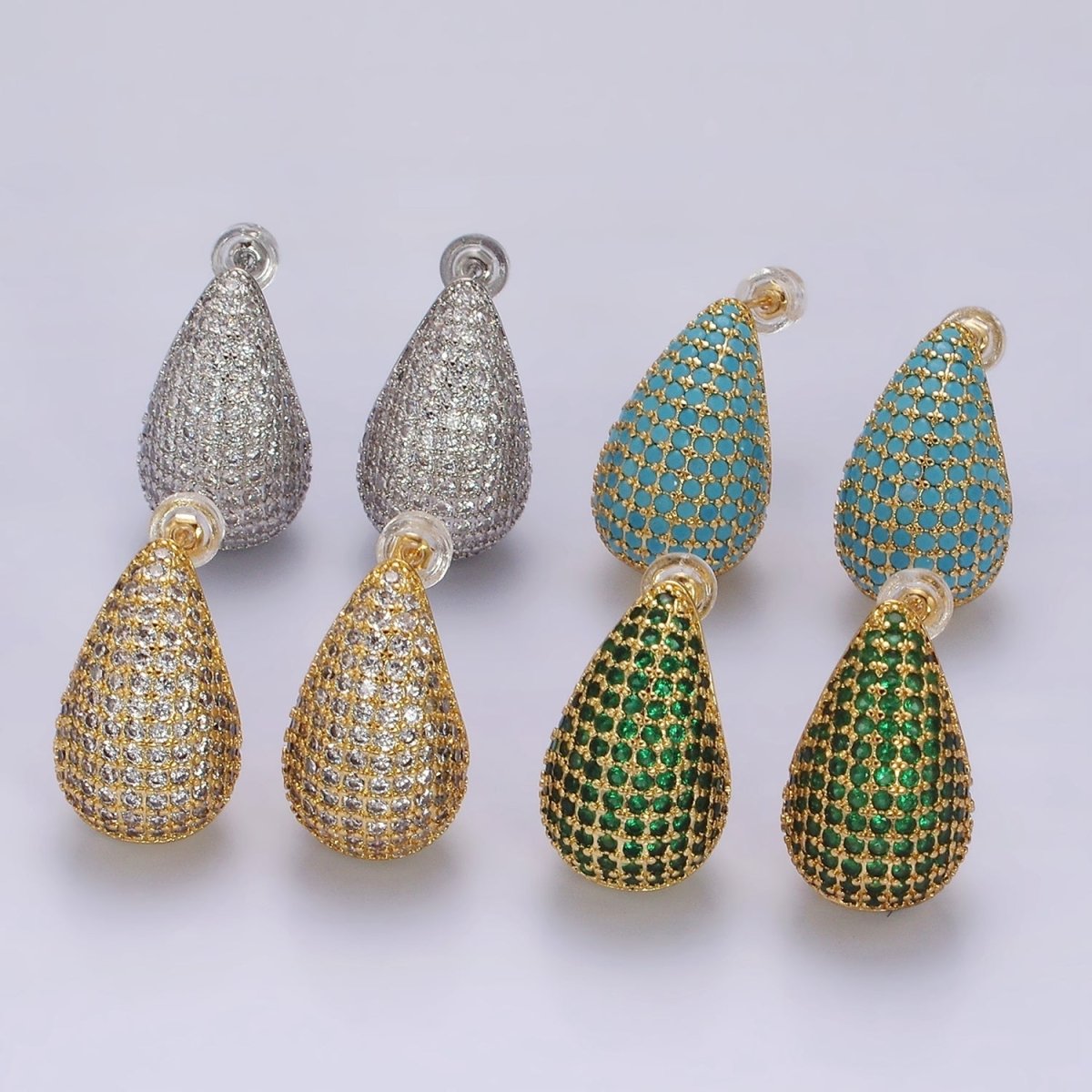 14K Gold Filled Clear, Turquoise, Green Micro Paved CZ Teardrop Dome C-Shaped Stud Earrings in Gold &amp; Silver | AE336 - AE339