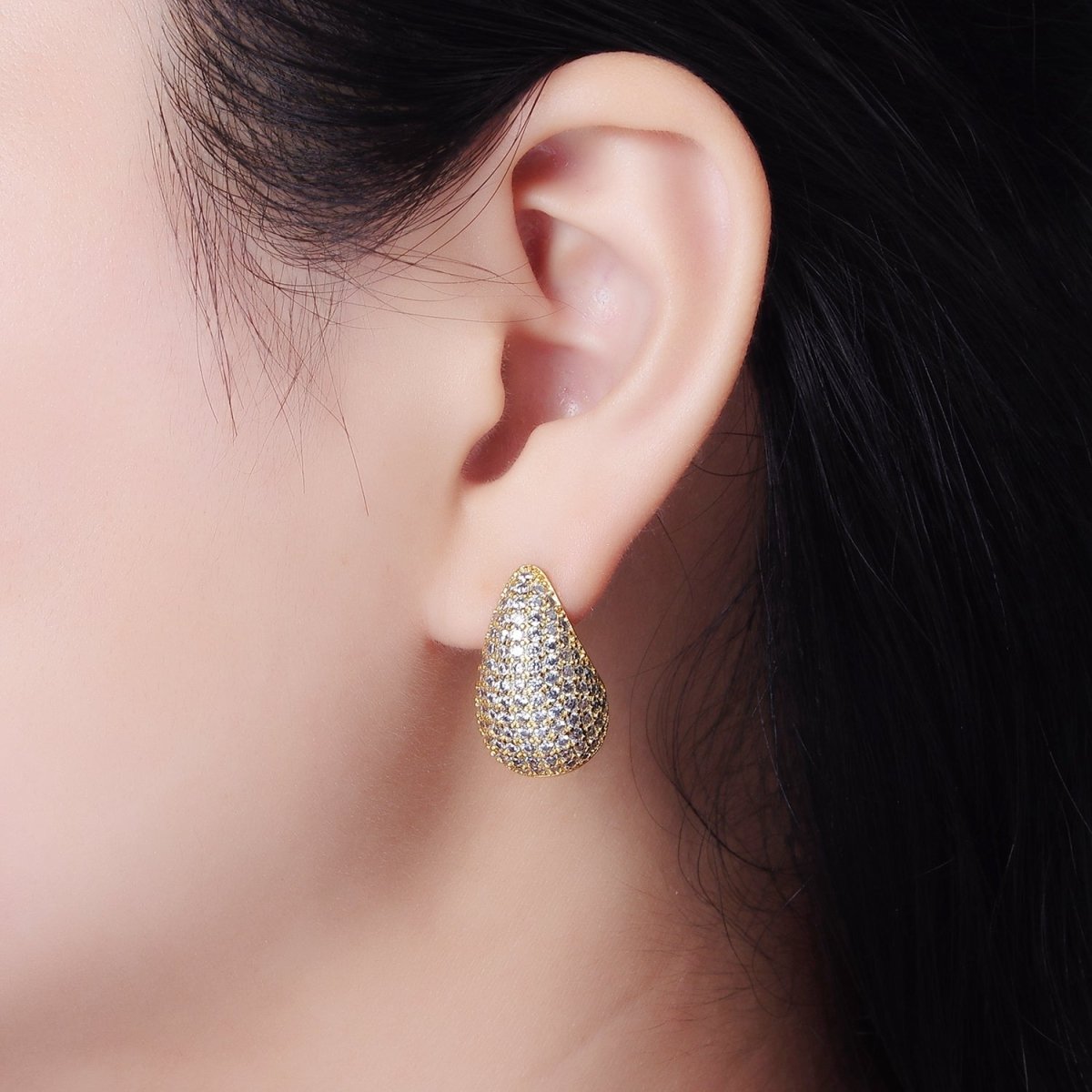 14K Gold Filled Clear, Turquoise, Green Micro Paved CZ Teardrop Dome C-Shaped Stud Earrings in Gold &amp; Silver | AE336 - AE339