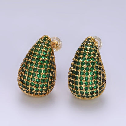 14K Gold Filled Clear, Turquoise, Green Micro Paved CZ Teardrop Dome C-Shaped Stud Earrings in Gold &amp; Silver | AE336 - AE339