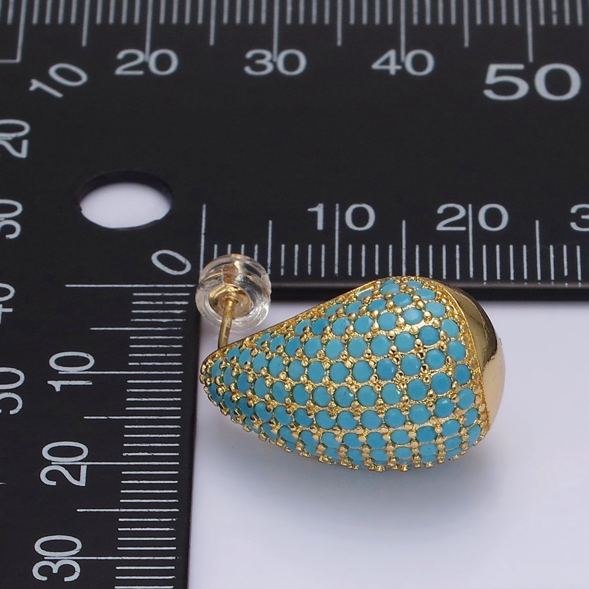 14K Gold Filled Clear, Turquoise, Green Micro Paved CZ Teardrop Dome C-Shaped Stud Earrings in Gold &amp; Silver | AE336 - AE339