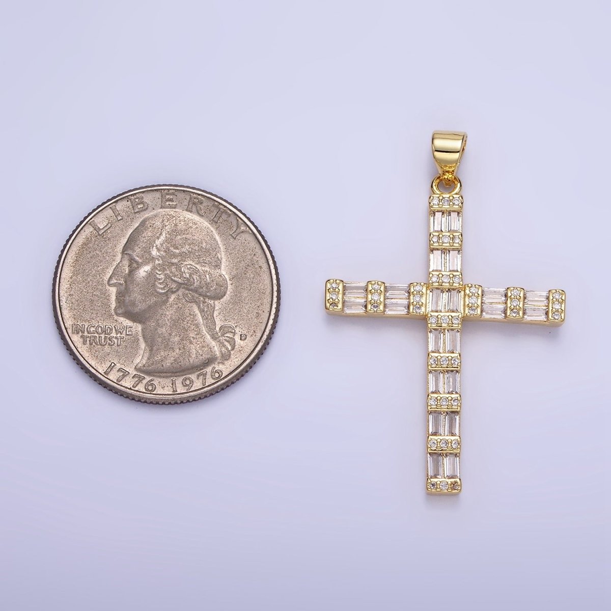 14k Gold Filled Cross Charm with Clear Baguette Stone for Religious Charm | AA1188