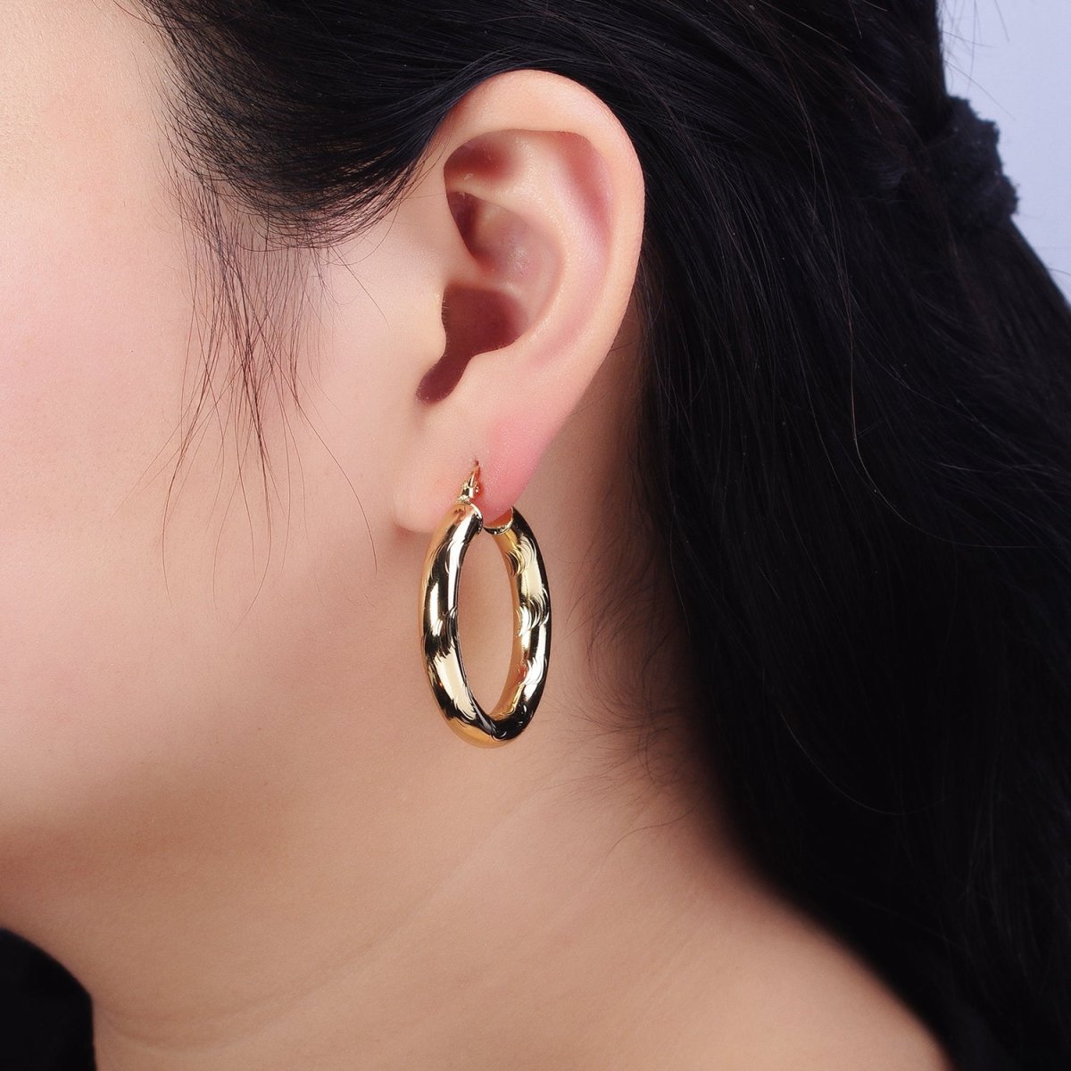14K Gold Filled Curved Line-Textured 55mm, 45mm, 40mm French Lock Latch Hoop Earrings | AE043 - AE045
