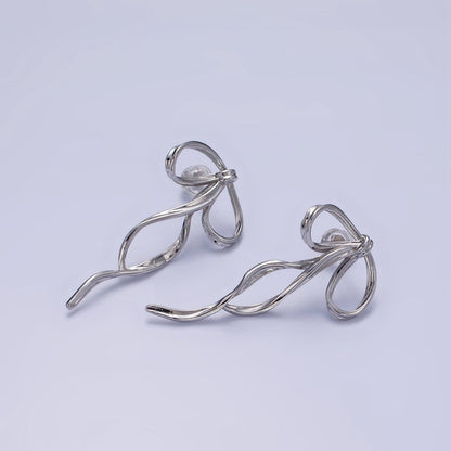 14K Gold Filled Curved Tied Ribbon Bow Stud Earrings in Gold &amp; Silver | Q170 Q171
