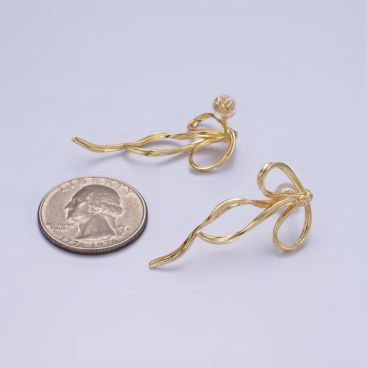 14K Gold Filled Curved Tied Ribbon Bow Stud Earrings in Gold &amp; Silver | Q170 Q171