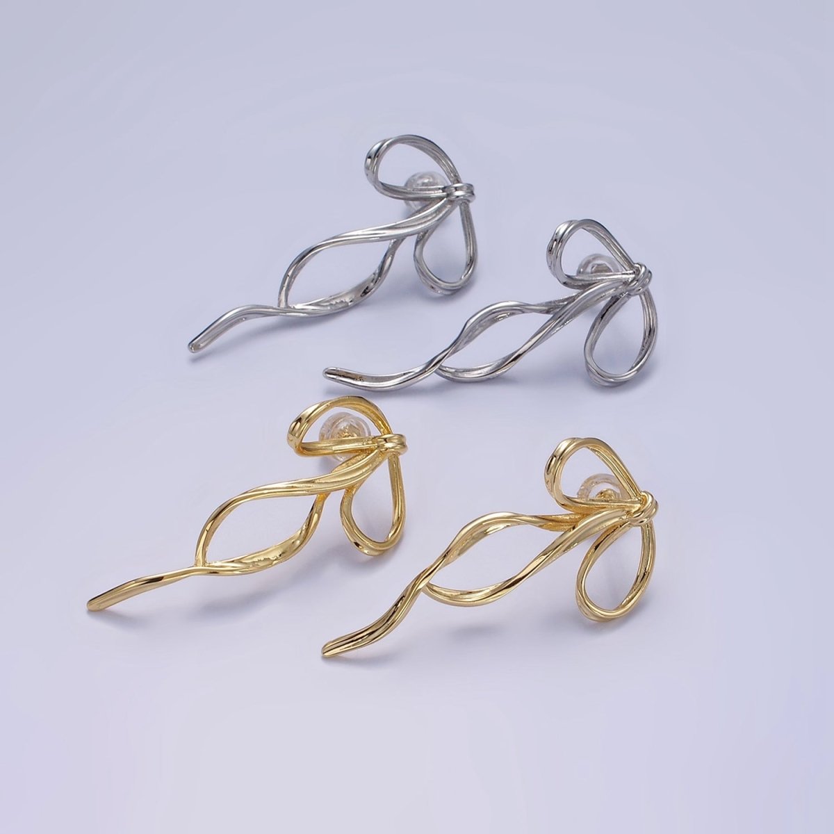 14K Gold Filled Curved Tied Ribbon Bow Stud Earrings in Gold &amp; Silver | Q170 Q171