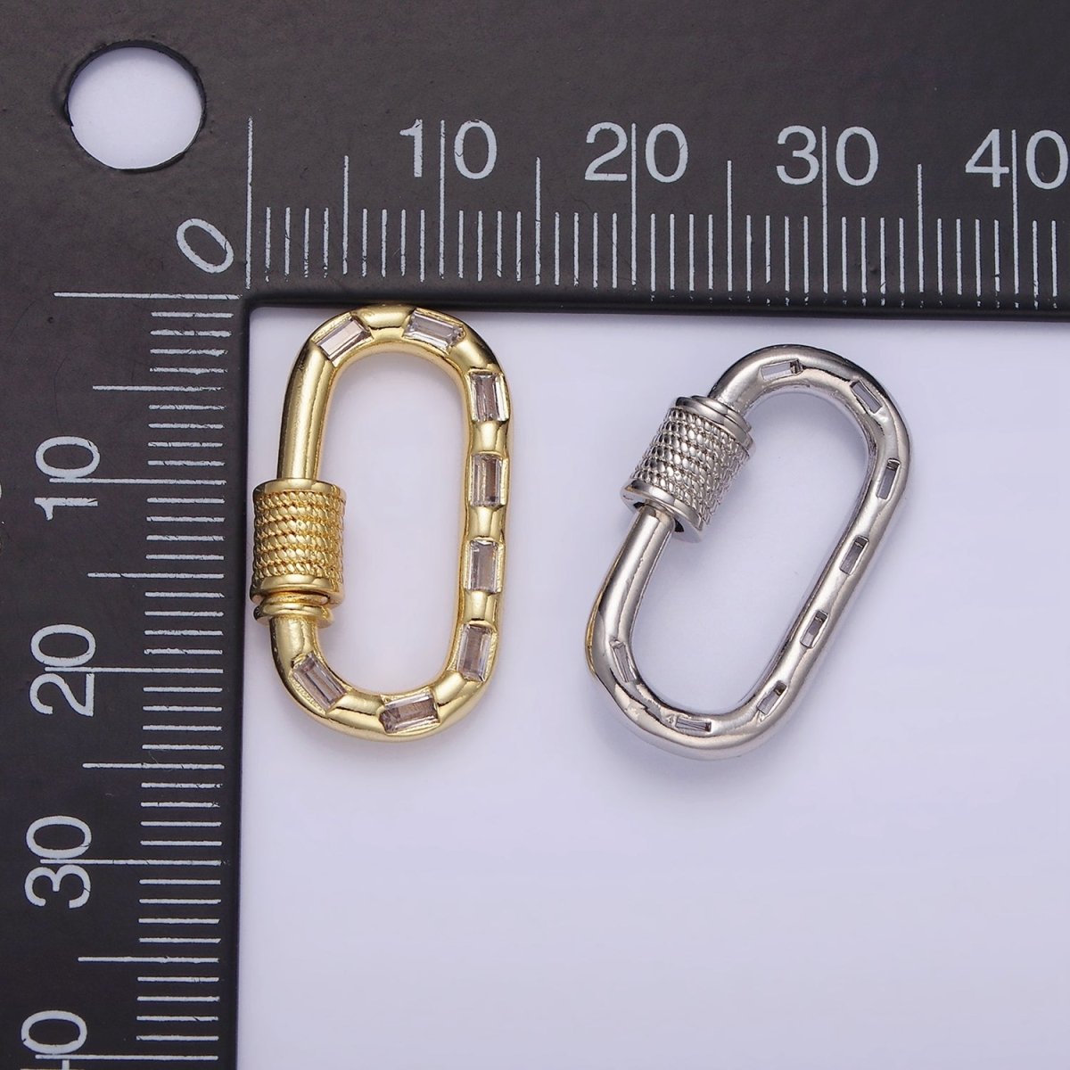 14K Gold Filled CZ Baguette Lined Oblong Carabiner Lock Finding Supply in Gold &amp; Silver | Z450