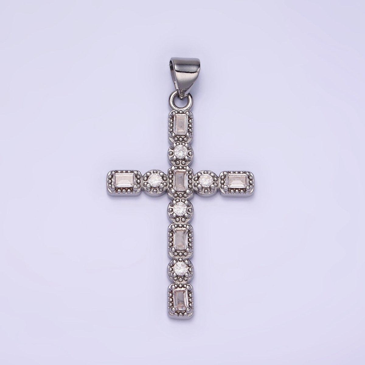 14K Gold Filled CZ Baguette Round Dotted Bezel Latin Religious Cross Pendant in Gold &amp; Silver | AA1205