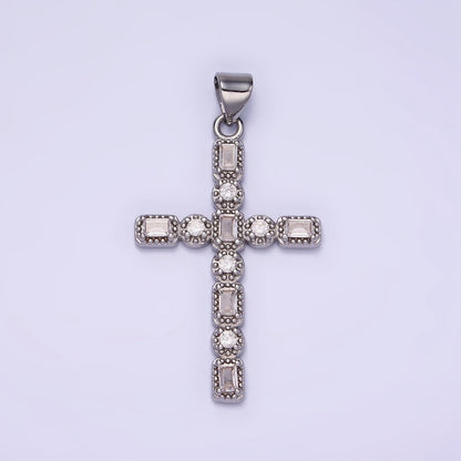 14K Gold Filled CZ Baguette Round Dotted Bezel Latin Religious Cross Pendant in Gold &amp; Silver | AA1205