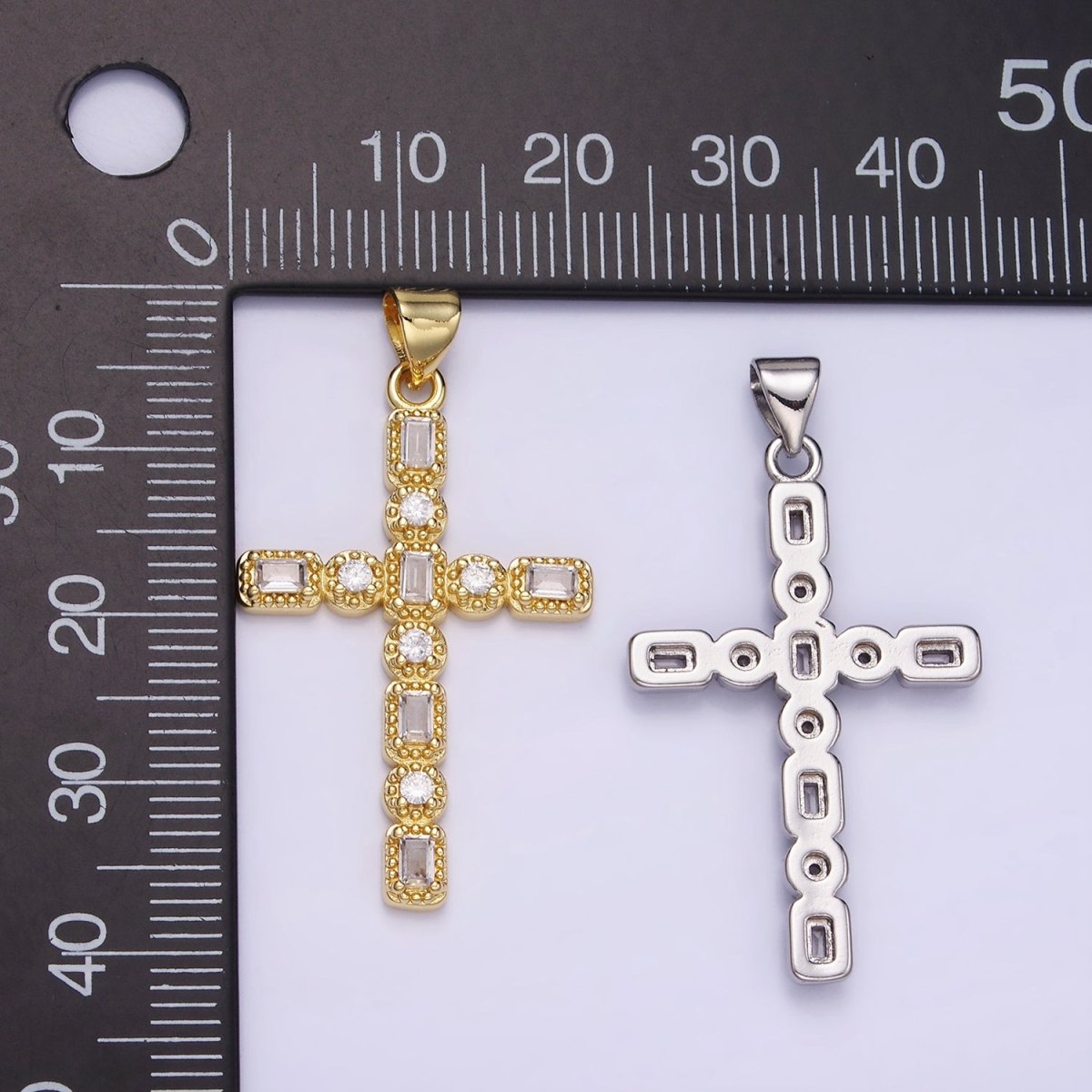 14K Gold Filled CZ Baguette Round Dotted Bezel Latin Religious Cross Pendant in Gold &amp; Silver | AA1205